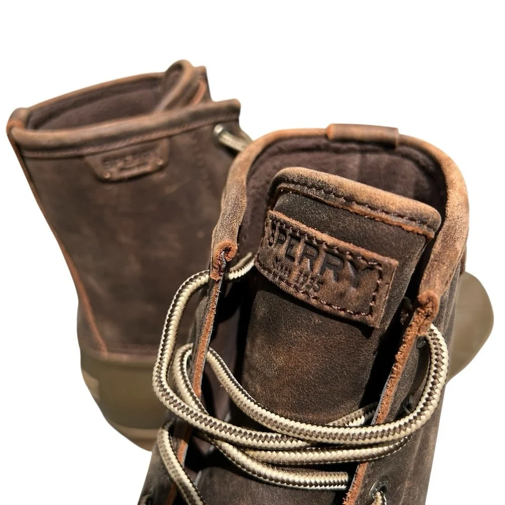 Sperry Duck Boots Mens 9 Brown Leather Rubber Rain Waterproof Lace EUC STS23705